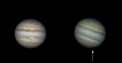 Image du mois de juillet 2009 - Jupiter: sa tache rouge et sa tache noire par Vincent Van Campenhout et Olivier Schreurs