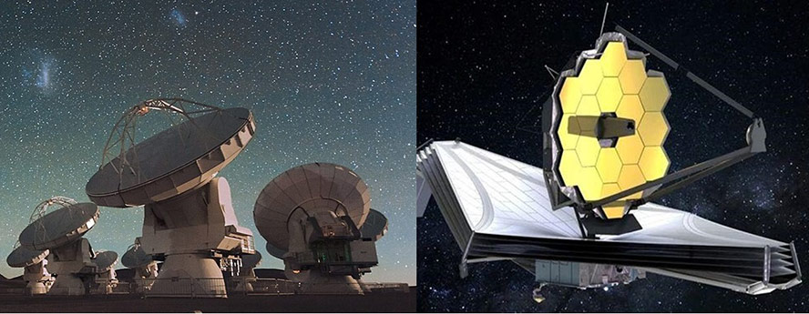 Le télescope sub-millimétrique ALMA et le télescope spatial infrarouge James Webb (Copyright ESO et NASA)